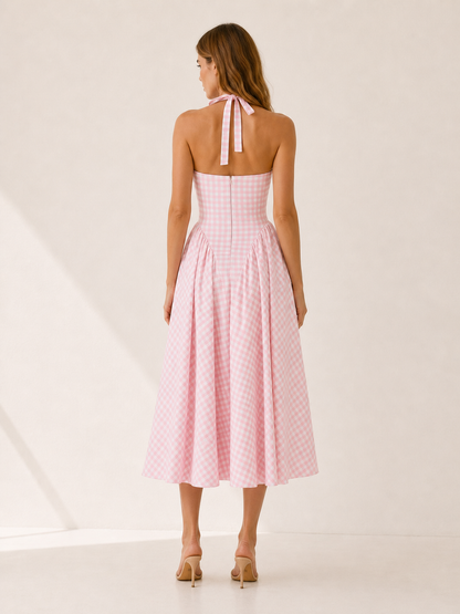Amelie | Anteross Wedding Guest Gingham Halter Midi Dress with Open Back