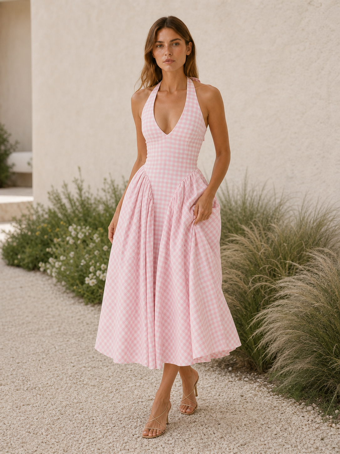 Amelie | Anteross Wedding Guest Gingham Halter Midi Dress with Open Back
