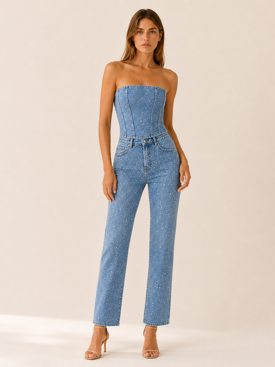 Celeste | Anteross Wedding Guest Outfit Glitter Denim Set with Strapless Bodice