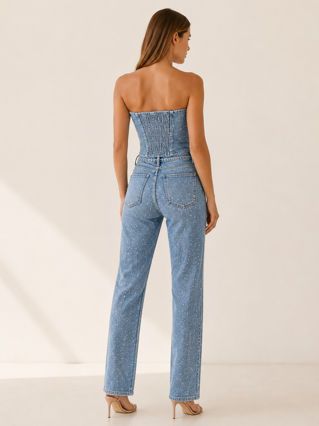 Celeste | Anteross Wedding Guest Outfit Glitter Denim Set with Strapless Bodice