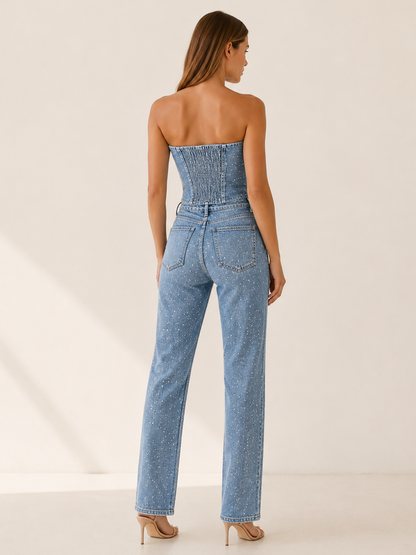 Celeste | Anteross Wedding Guest Outfit Glitter Denim Set with Strapless Bodice
