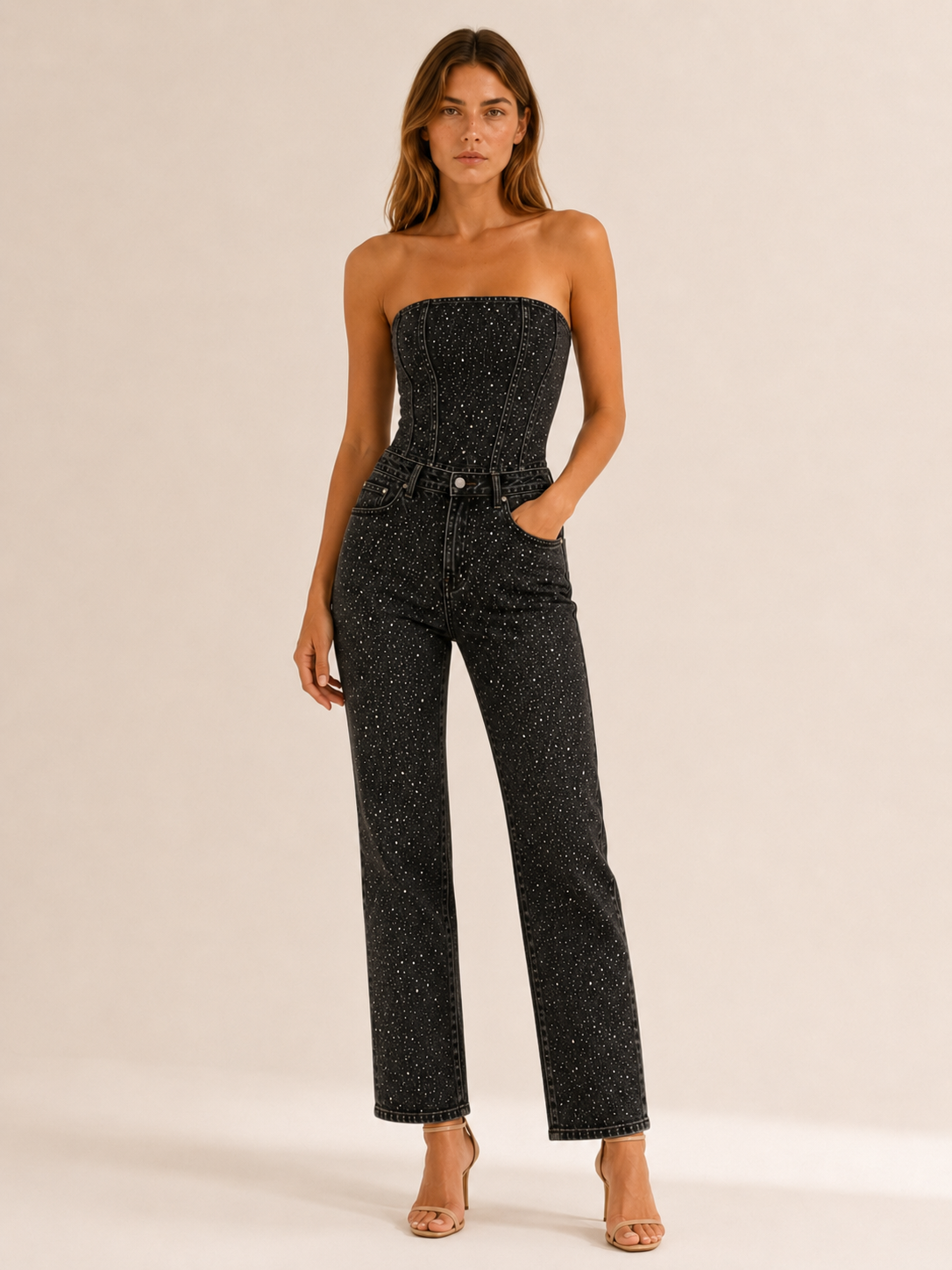 Celeste | Anteross Wedding Guest Outfit Glitter Denim Set with Strapless Bodice