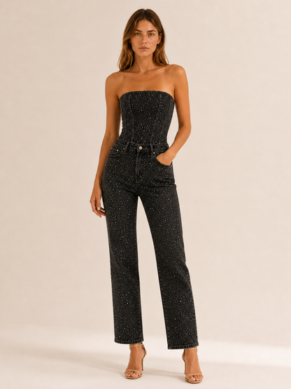 Celeste | Anteross Wedding Guest Outfit Glitter Denim Set with Strapless Bodice
