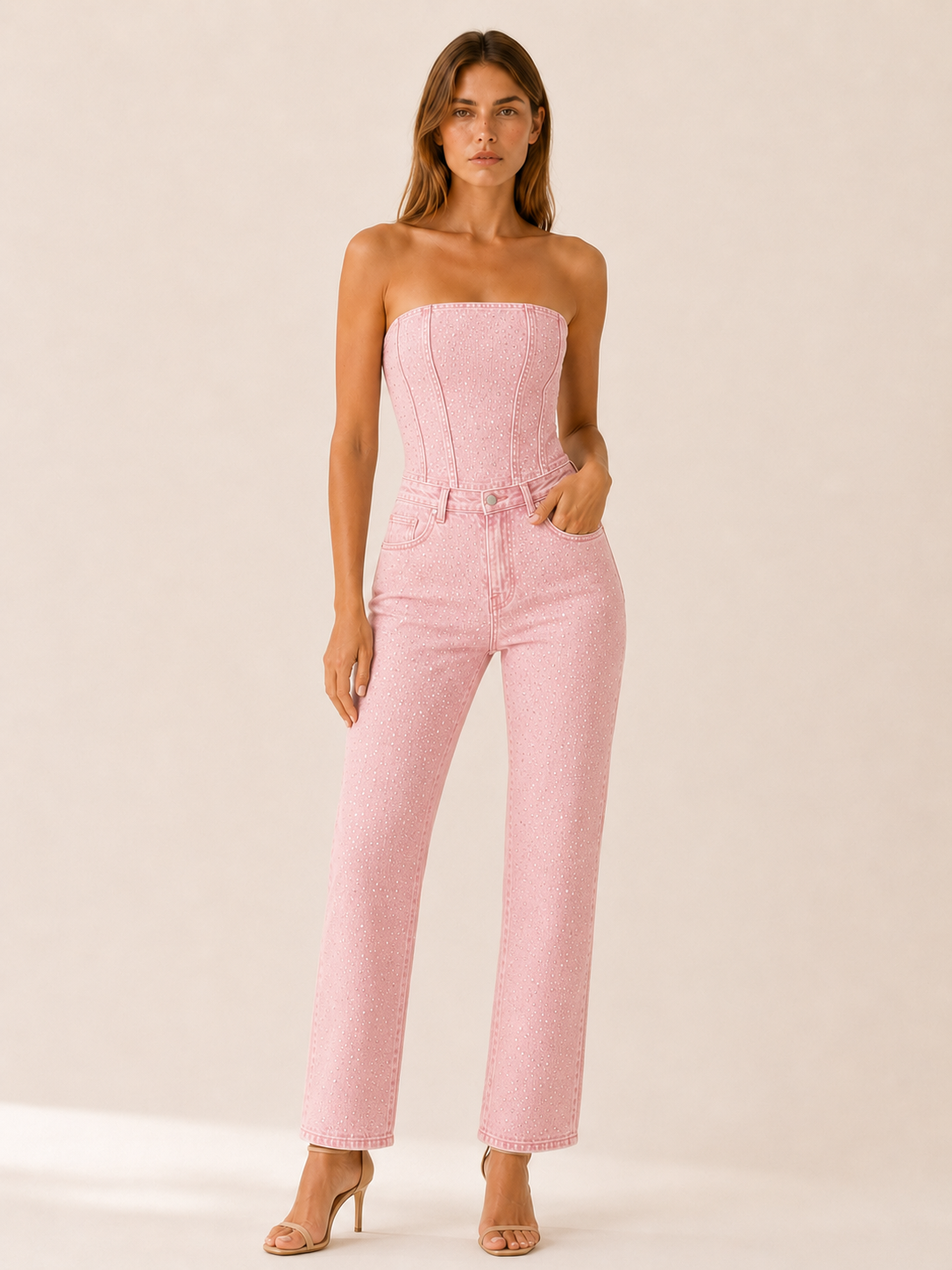 Celeste | Anteross Wedding Guest Outfit Glitter Denim Set with Strapless Bodice