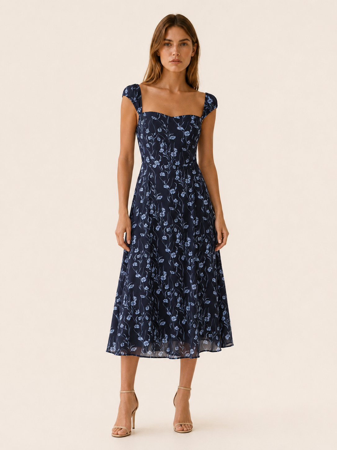 Celeste | Anteross Wedding Guest Floral Midi Dress with Sweetheart Neck and A-Line Fit