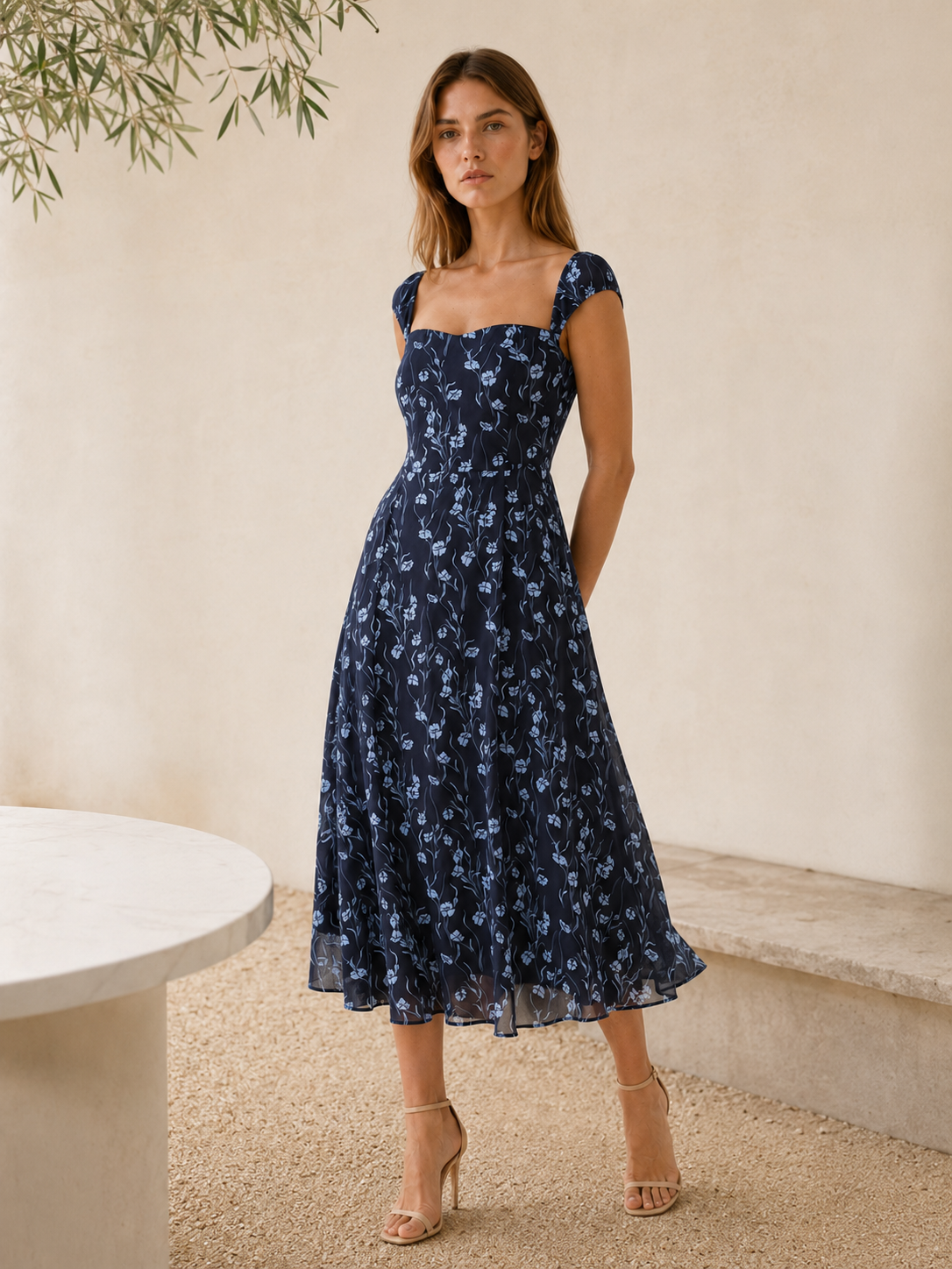 Celeste | Anteross Wedding Guest Floral Midi Dress with Sweetheart Neck and A-Line Fit