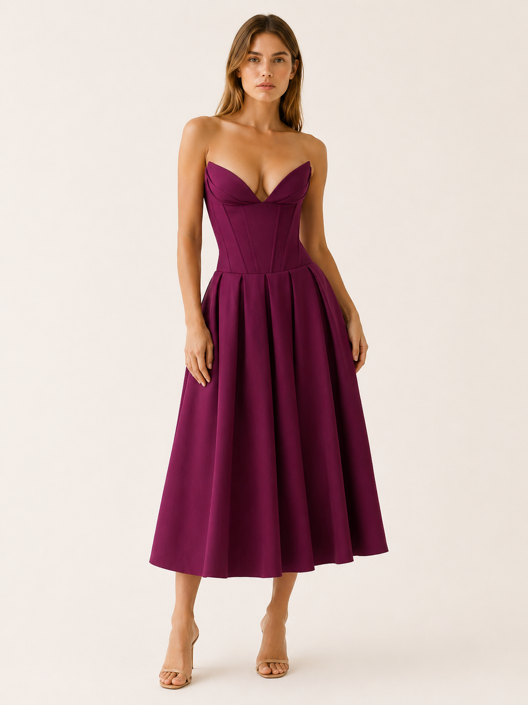 Celeste | Anteross Wedding Guest Corset Midi Dress with Full Skirt