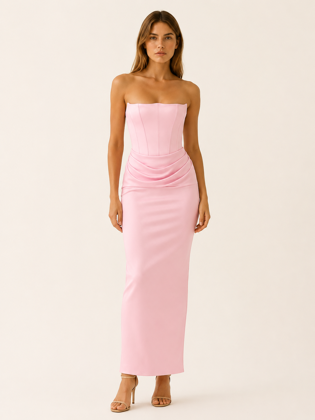 Celeste | Anteross Wedding Guest Strapless Maxi Dress Draped Waist